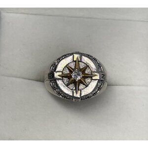 Sterling Silver Nautical North Star Compass Rose Ring S925 CZ Goldtone Accent